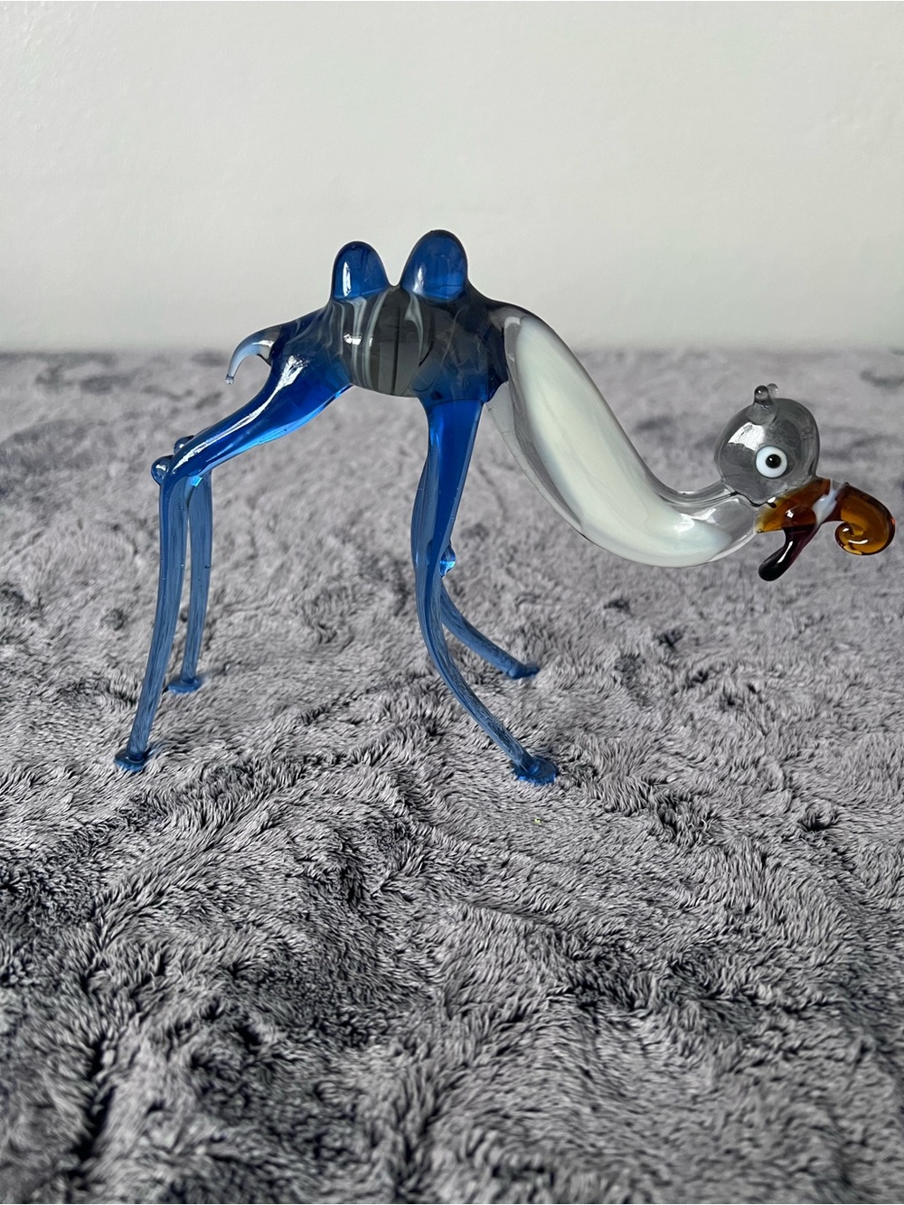 Vintage Hand Blown Art Glass Camel Figurine Blue and White